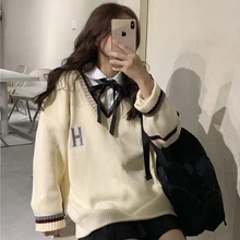 Шикарный японский винтажный свитер Harajuku в консервативном стиле, женский осенний корейский модный свободный простой Повседневный женский свитер с v-образным вырезом