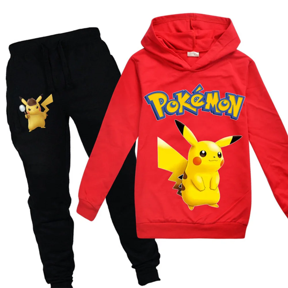 POKEMON GO Detective Pikachu/детская одежда для мальчиков и девочек осенний Свитшот комплект из 2 предметов, хлопковые спортивные толстовки с длинными рукавами и рисунком, Комплект футболок - Цвет: 991red