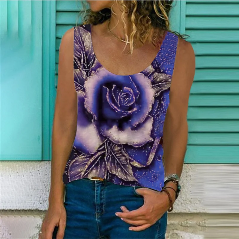 

2021 New Summer Fashion Womens Retro Vest Gradient Color Flower Print Vest T-Shirt for Women