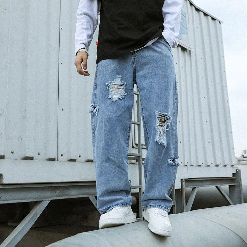European American Street Style Fashion Men Jeans Loose Fit Retro Blue Destroyed Ripped Jeans Men Hip Hop Wide Leg Pants