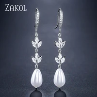 zakol classic water drop imitation pearls dangle earrings for women elegant crystal wedding party jewelry dinner dress fsep2400