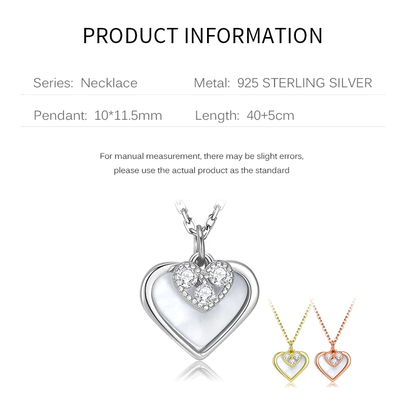 

New 925 Sterling Silver Love Heart Pendant Necklaces for Women Wedding Jewelry White Shell & CZ Necklaces Statement Jewelry
