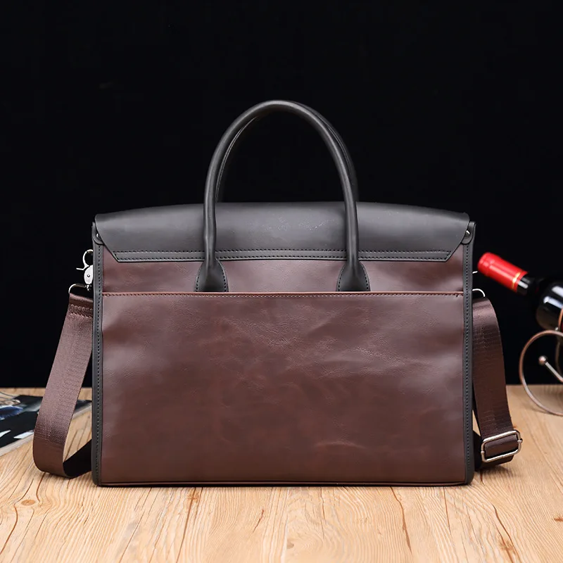 

Retro briefcase contrast color business men's handbag horizontal single shoulder diagonal computer bag