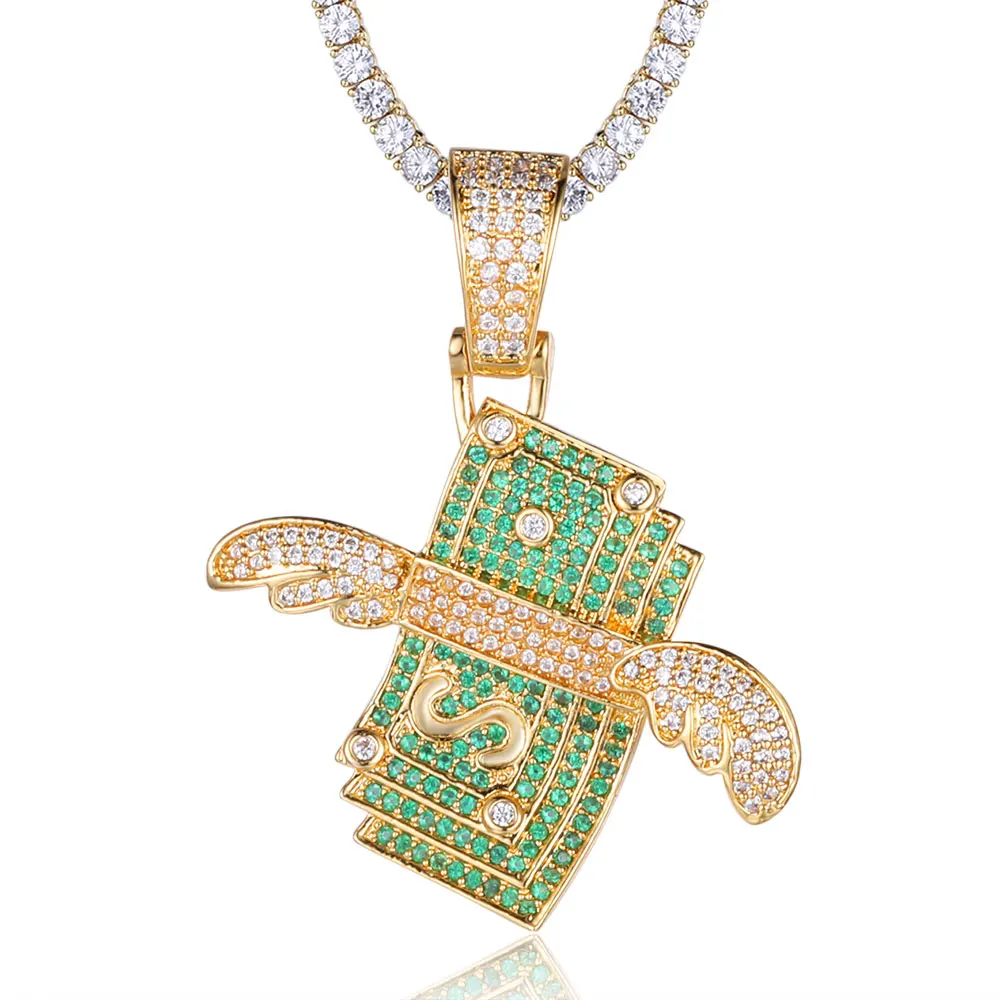 

100% Micro Zircon Hip Hop Dazzling Dollar Bills Pendant Necklace For Men Jewelry Iced Out Necklaces Party Wholesale