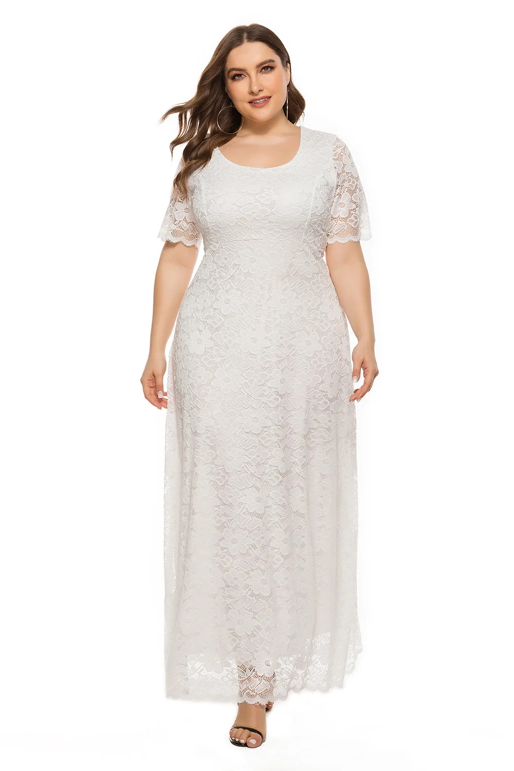 

Maxi Lace Dresses Women Plus Size High Quality Elegant Mesh Short Sleeve Round Neck Slim High Waist Ceremony Party Long Dress