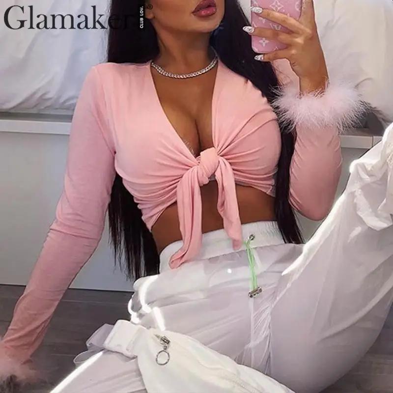 Glamaker розовая с узелком рукавом перьями короткая женская блузка бандаж модная