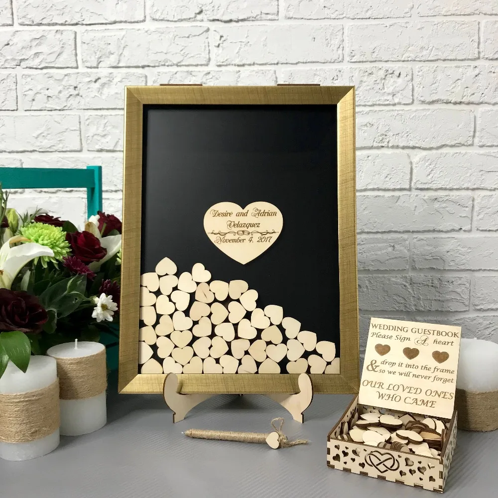 Персонализированные имена Золотая рамка деревянная свадьба Выгравированные