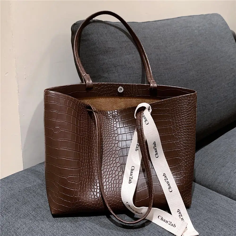 

Роскошный винтажный крокодиловый узор, большая сумка-тоут через плечо для женщин, брендовая дизайнерская сумка-шоппер с лентой, женские сум...