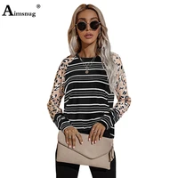 womens t shirt long sleeve fashion basic top pullovers female tee clothing 2021 autumn ladies patchwork stripes leopard t shirt