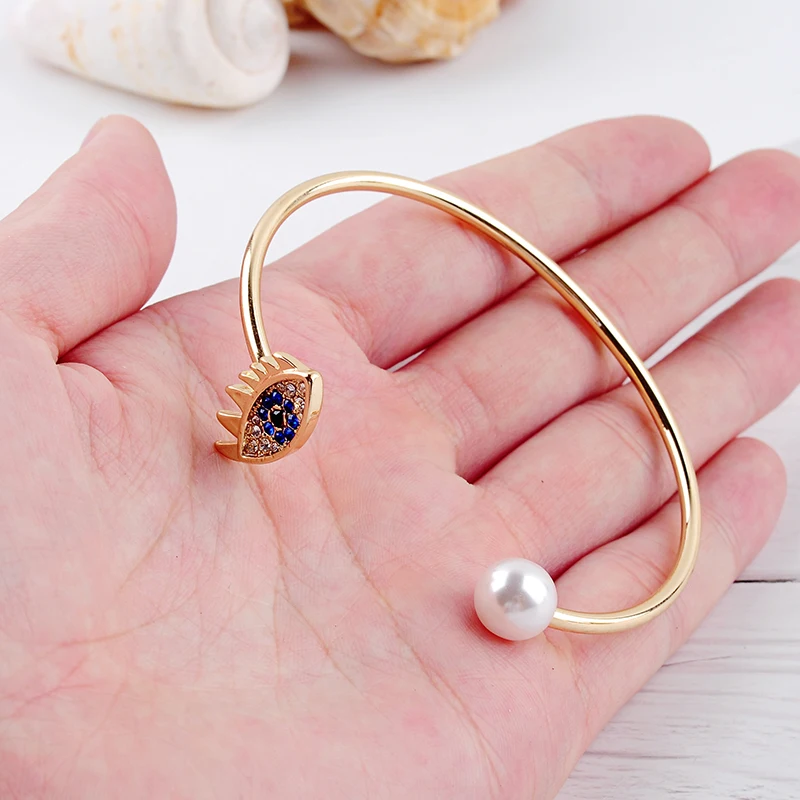 Trendy Blue Rhinestone Eye Imitation Pearl Cuff Bracelet Female New Alloy Open Bangle Indian Jewelry