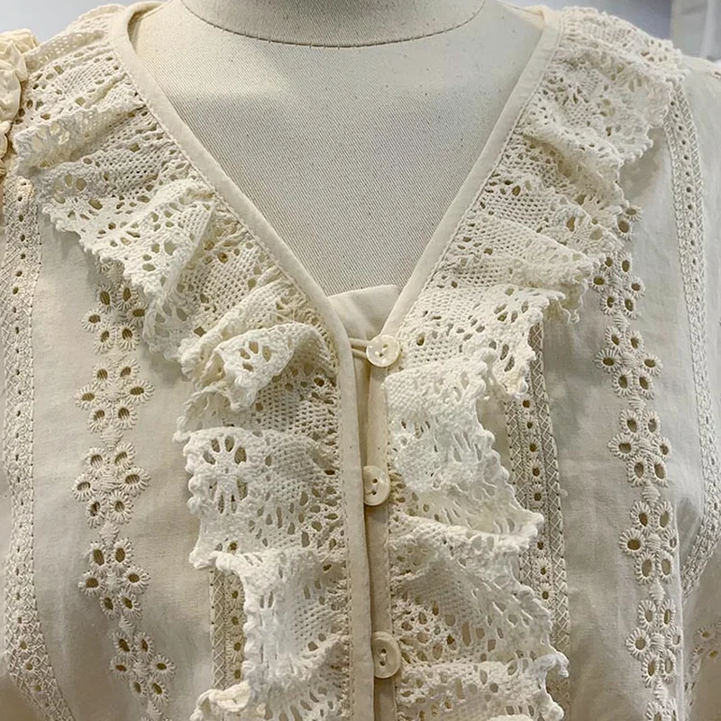 

Elegant Fungus Edge Patchwork Button Up Shirt Woman Blouse Fashion Hollow Out Women Tops Spring Long Sleeve Blusas De Mujer