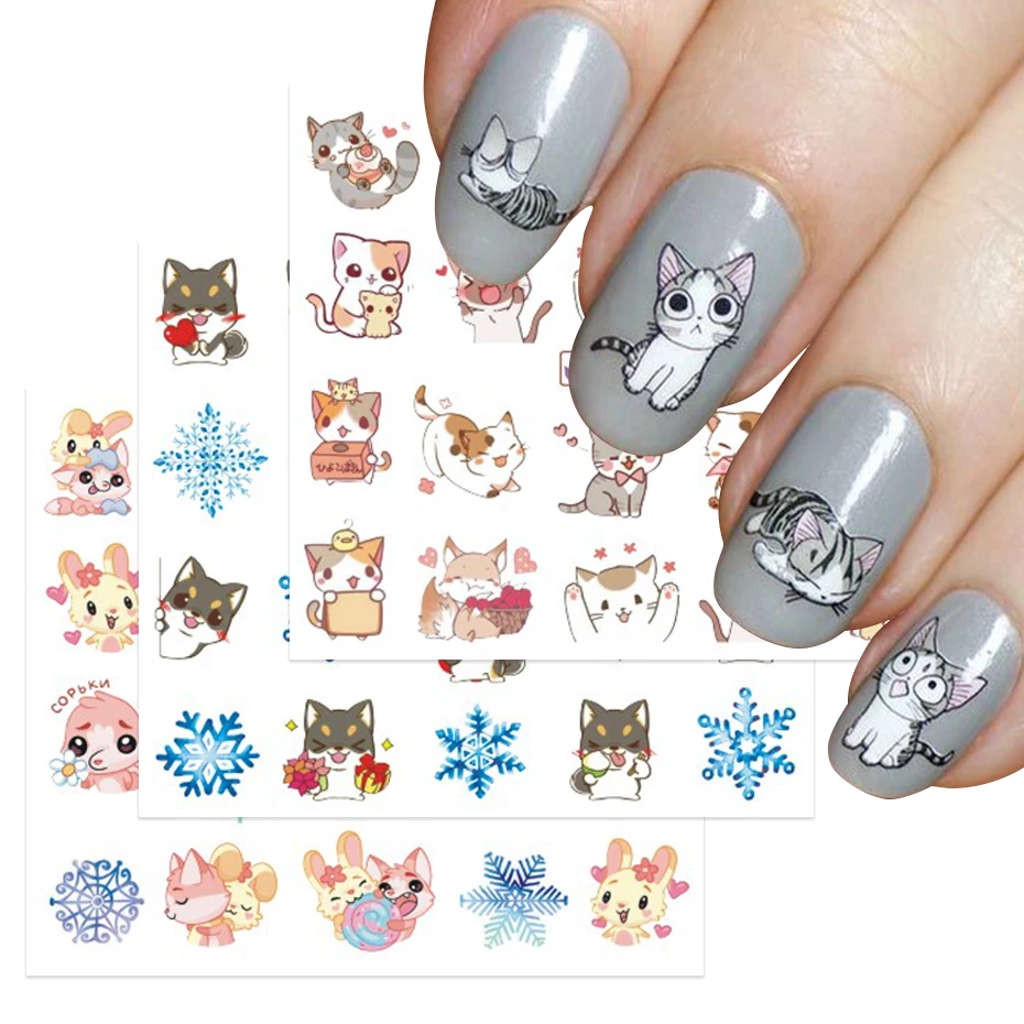 Новогодние наклейки с рисунком воды для ногтей 2021 дизайн ухаживания лиса кошка