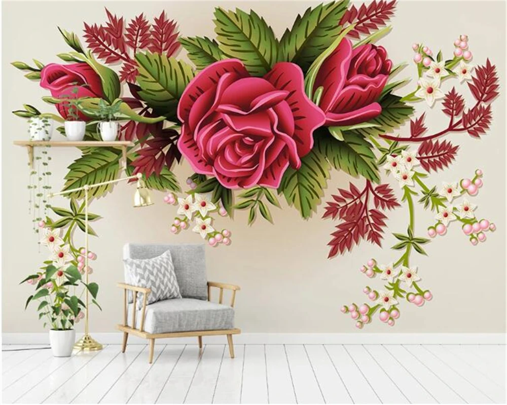 

beibehang Modern minimalist 3D stereo red rose background wall decoration painting fashion living room bedroom wallpaper