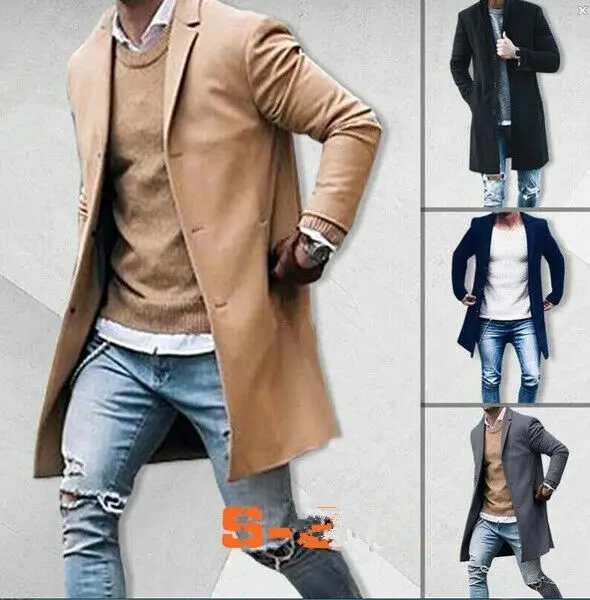 Winter Warm Soft Men's Wool Coat Trench Outwear Overcoat Long Sleeve Button Up Jacket Top | Мужская одежда