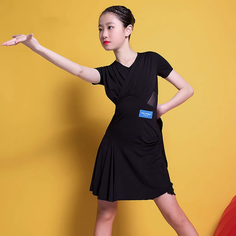 

New Latin Dance Clothes For Girls Short Sleeve Black Practice Dress Ballroom Dance Competition Dress Rumba Tango Costumes VO873