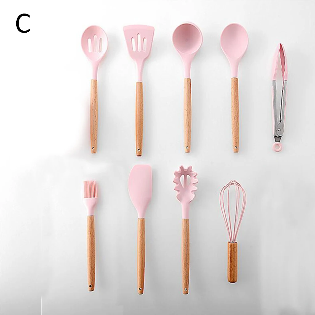 Pink 9Pcs 9/10/12 Pcs Silicone Cooking Tools Kitchen Utensils Set Bamboo Handles Cooking Tool None Toxic Kitchen Gadgets Nonstick Cookware - Цвет: Pink 9Pcs