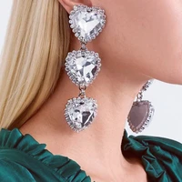exaggerated rhinestone three big heart pendant drop stud earrings jewelry for women luxury crystal long charms dangle earrings