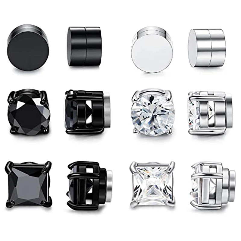 6 Pairs of Magnetic Stud Earrings Men and Women Black CZ Magnet Non-piercing Clip Earring Set Round Black Steel JKC