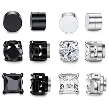 6 Pairs of Magnetic Stud Earrings Men and Women Black CZ Magnet Non-piercing Clip Earring Set Round Black Steel