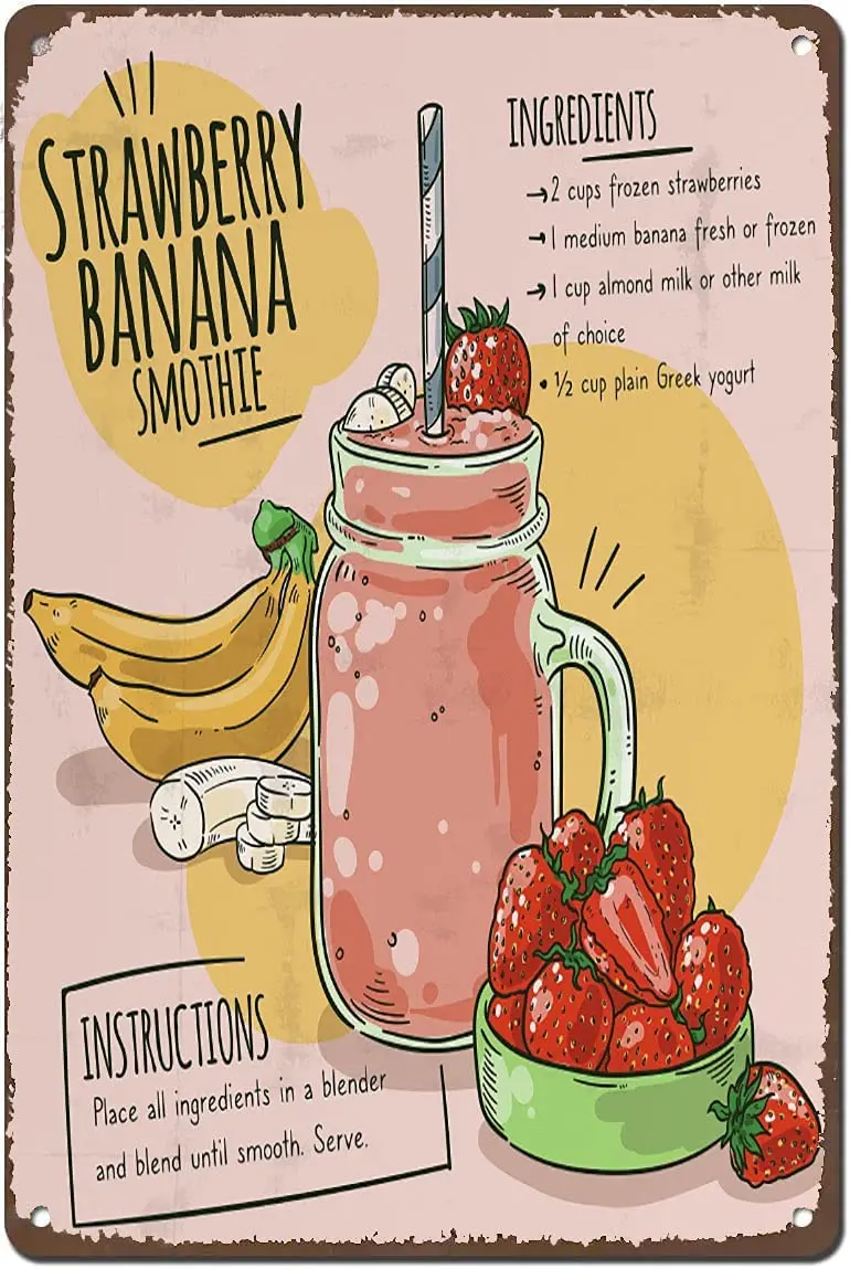 

Vintage Wall Decor Strawberry Banana Smoothie Recipe Poster,Kitchen Art,Kitchen Decor Retro Tin Signs Vintage Metal Tin Sign