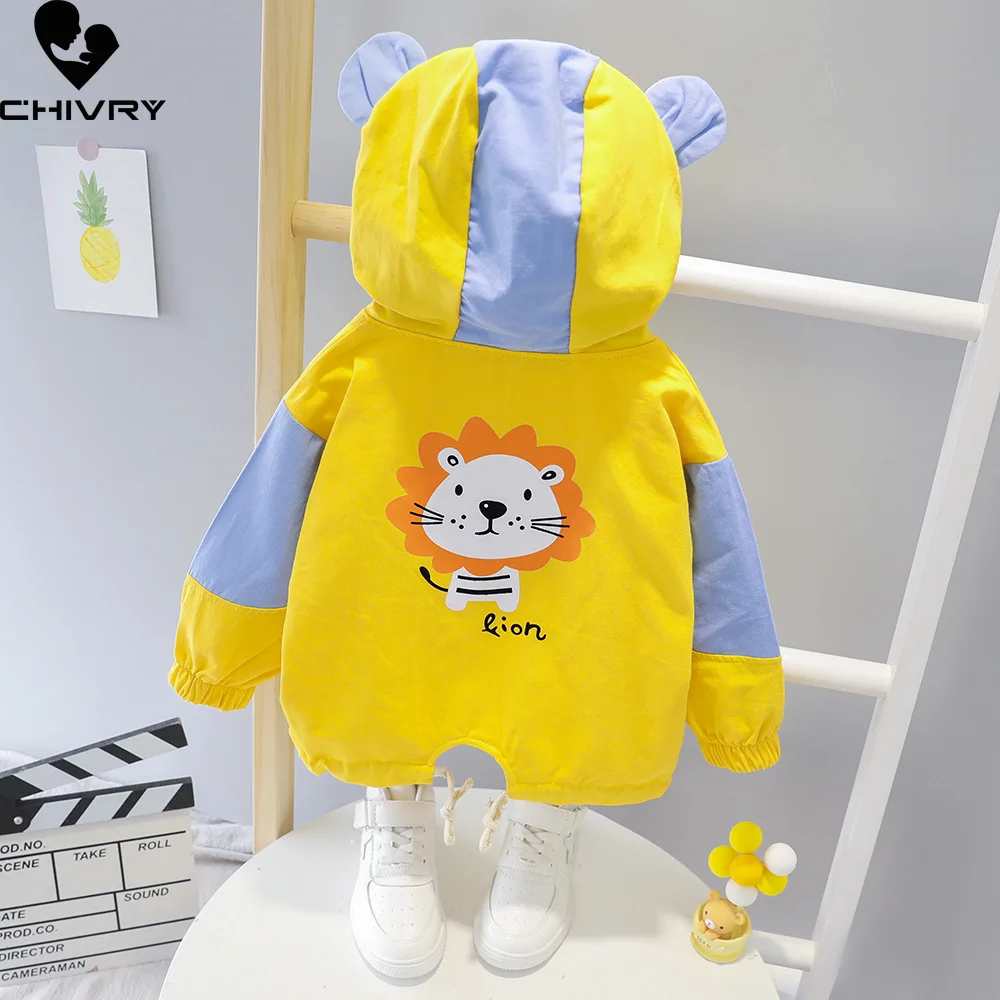 

New 2022 Spring Autumn Baby Boys Coat Kids Jackets Girls Outerwear Fashion Hooded Cartoon Lion Print Zipper Windbreaker Clothing
