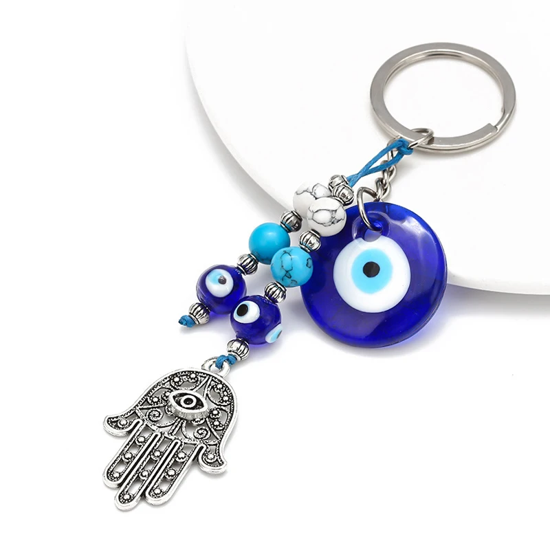 

2021 Turkish Evil Eye Keychains Lucky Blue Eye Fatima Hand Charm trinket Key Chain Vintage Keyring for Men Women Car Key Pendant