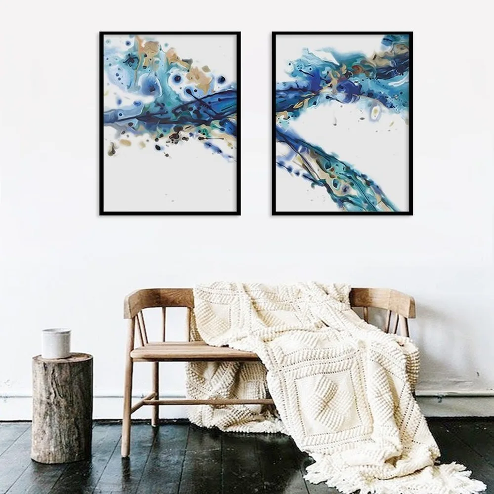

Paintings for Interior Blue Gold Abstract Wall Art Canvas Picture Luxury for Home Decoration Frameless Prints for Living Room