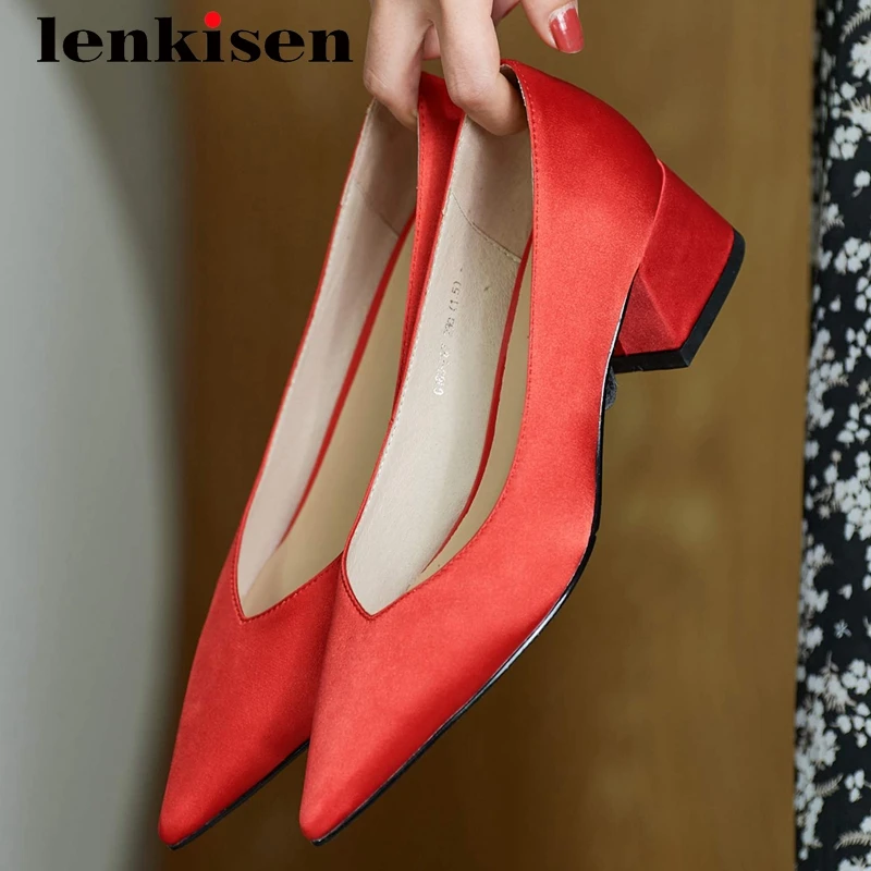 

Lenkisen retro fashion silk buckle decorations dance party pointed toe thick med heel slip on pearl dress maiden women pumps L13