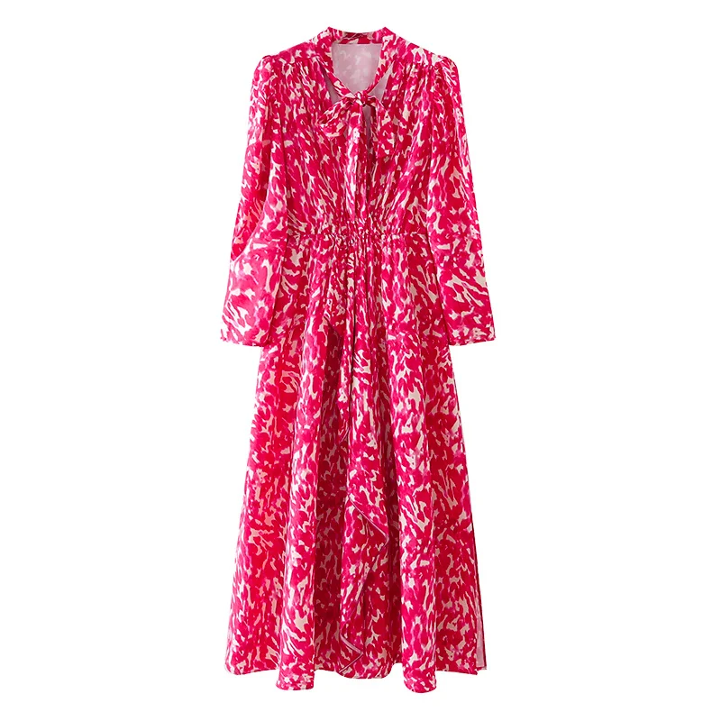 

Женское Элегантное повседневное облегающее платье миди с V-образным вырезом, бантом и леопардовым принтом, женские шикарные плиссированные...