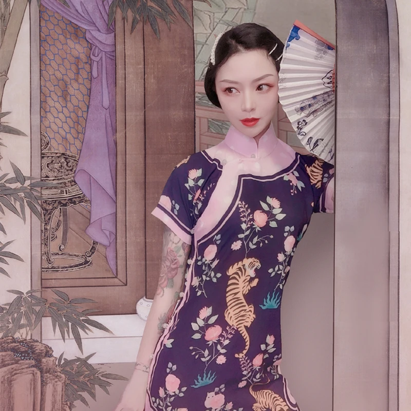 Китайское платье Qipao с принтом темного тигра длинная юбка воротником-стойкой