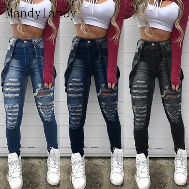 

Mandylandy Women Jeans Ripped Pants Street Casual Style Middle-Waist Slim Fit Pants Denim Long Slim Fit Trousers
