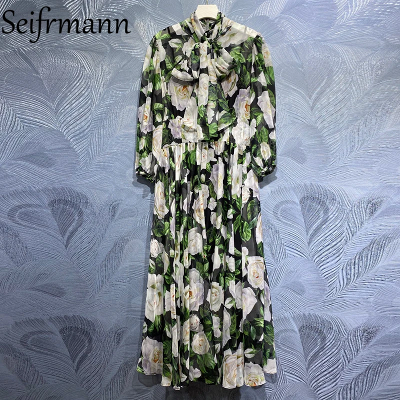 

Seifrmann New 2021 Summer Women Fashion Designer Party Long Dress Bow Lantern Sleeve High Waist Floral Printed A-Line Dresses