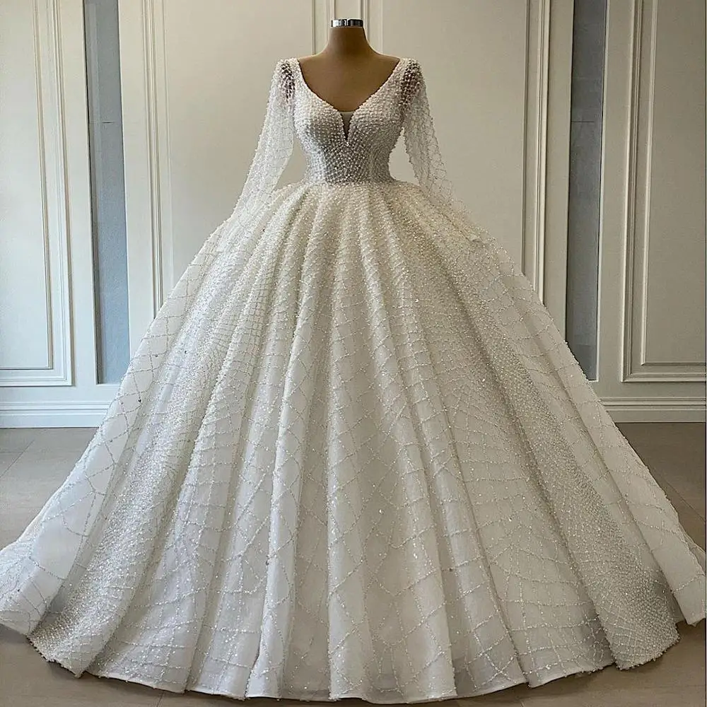 

Свадебное бальное платье Robe De Mariee, свадебные платья с v-образным вырезом, бусинами, кристаллами и жемчугом, свадебные платья