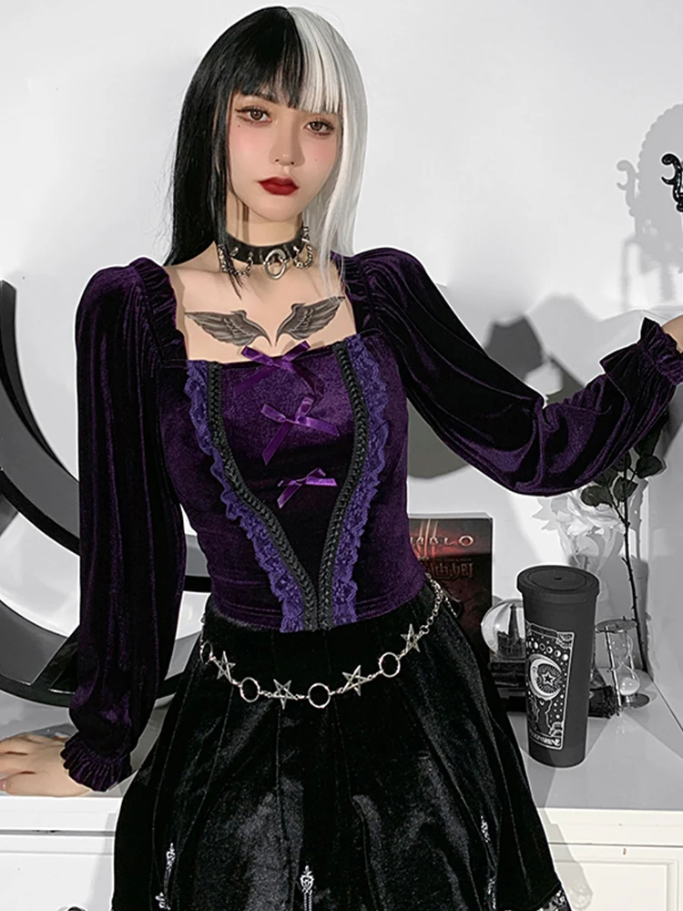 InsGoth Vintage Purple Velvet Bow T-Shirt Goth Aesthetic Punk Lace Trim Long Sleeve Cropped Tops Elegant Women Autumn Winter Tee | Женская