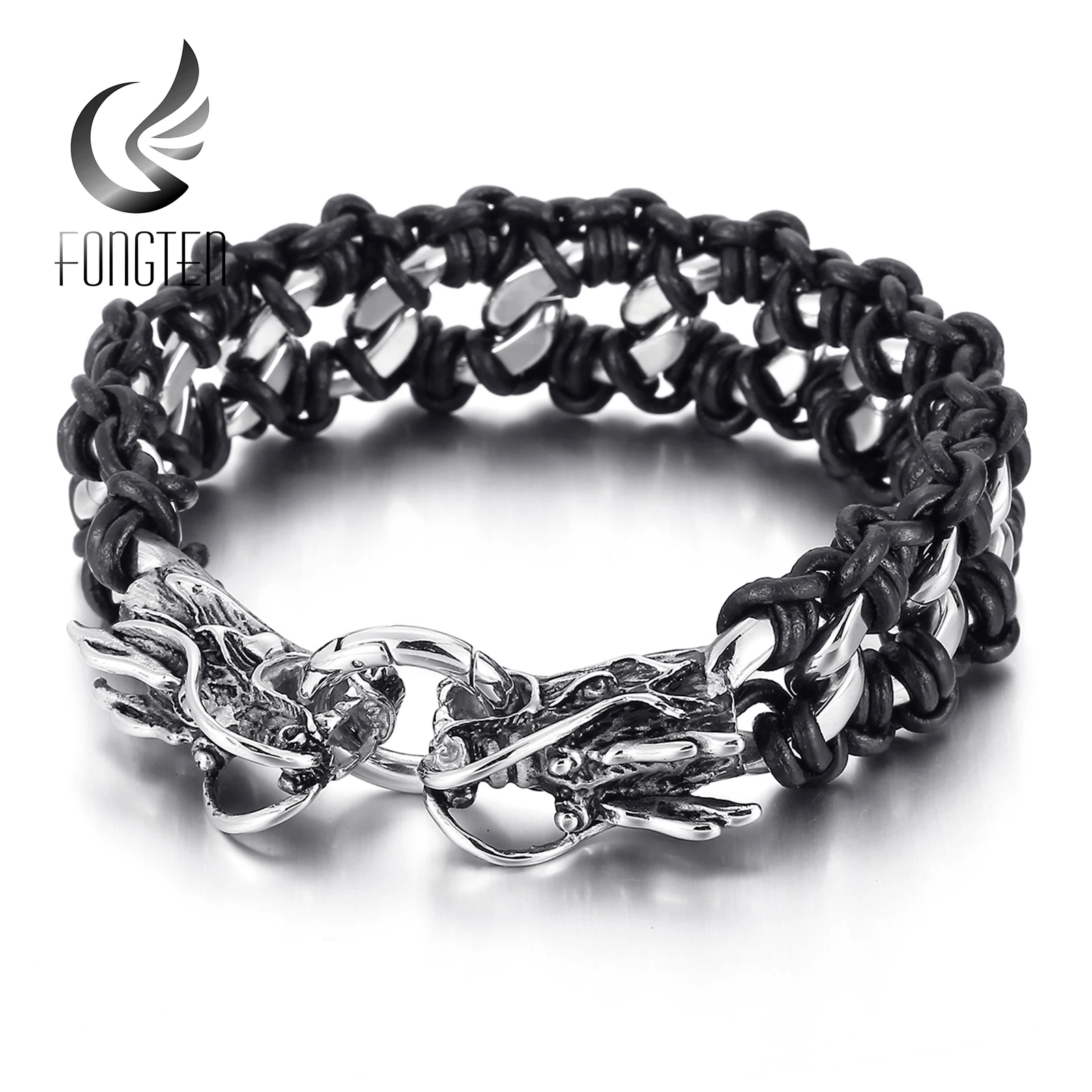 

Fongten Animal Series Dragon Wolf Head Charm Men Bracelet Leather Rope Stainless Steel Cuban Chain Design Trendy Jewelry