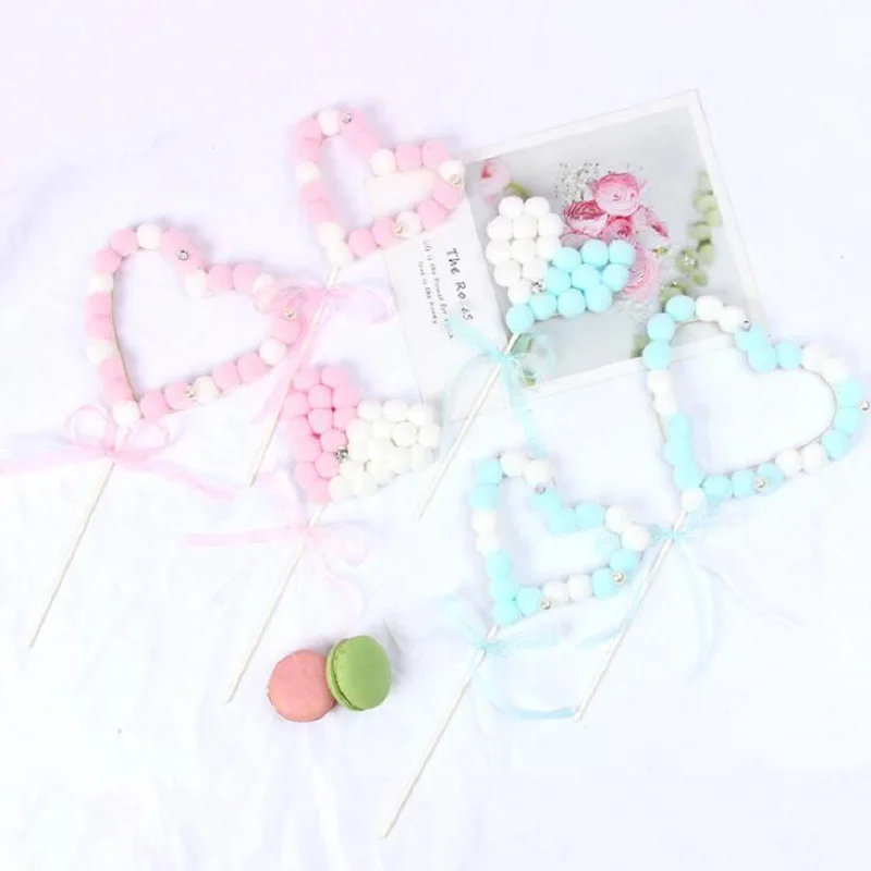 Сердце Дизайн Мех Шар Торт Топперы баннер Красочные для фруктов обертка кексов
