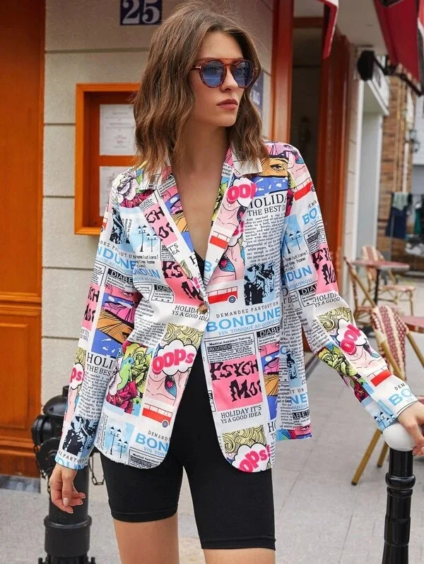 

Women´s Long Sleeve Colorful Blazers Newspaper Print V Neck Defined Waist One Button Slim Coat 2020 New Fashion Hot Outfits