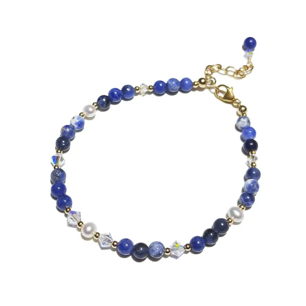 

Lii Ji Natural 4mm Blue Sodalite Austrian Crystal Freshwater Pearl 14K Gold Filled Beaded Bracelet 18+3cm