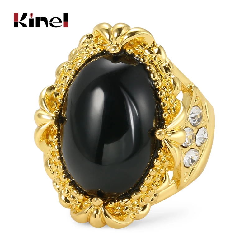 Женское кольцо с черным камнем Kinel винтажное обручальное белыми кристаллами и