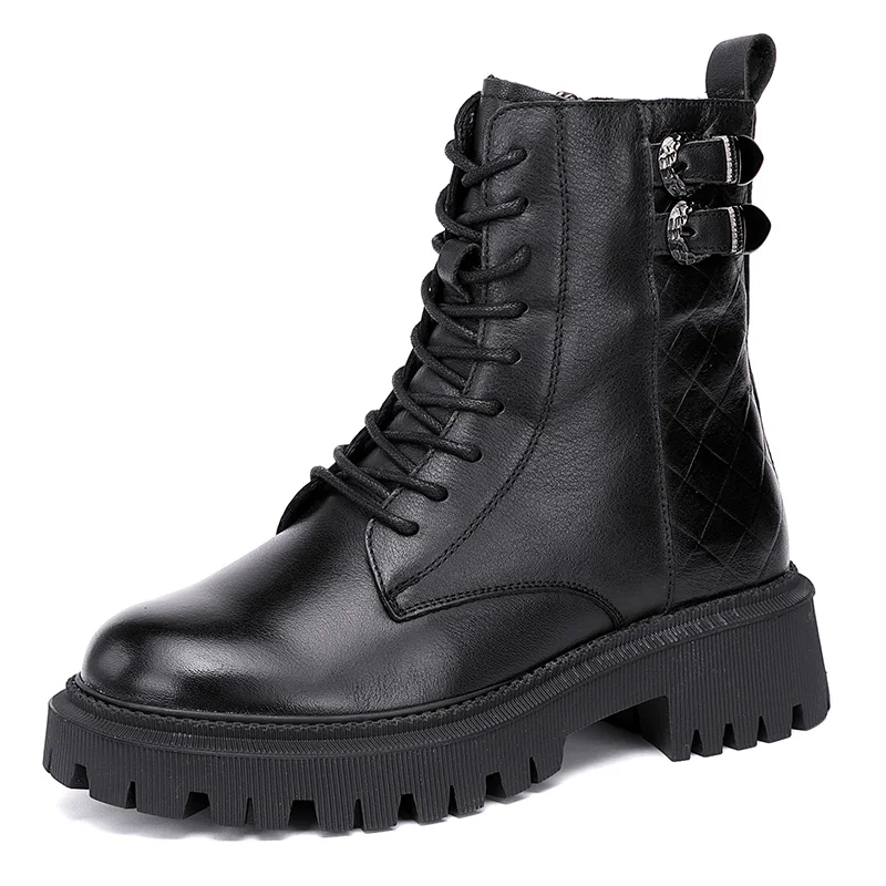 

Ботинки женские зимние из натуральной кожи, на толстом каблуке, с круглым носком, на молнии