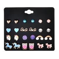cute women girls earring set 1224prsset mixed unicorn animals rainbow pearl crystals girls trendy stud earrings christmas gift