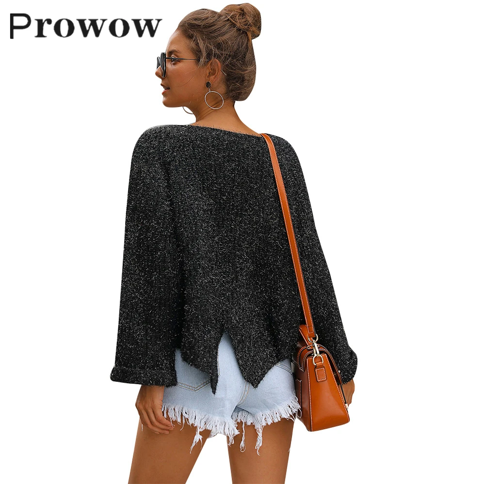

Prowow Autumn Winter Women Fashion Solid Long Sleeve Knitted Sweater lady Casual Loose Streetwear O Neck back split Pullover Top