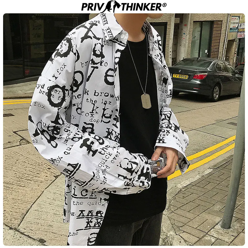 Мужская винтажная рубашка Privathinker с буквенным принтом Повседневная длинным