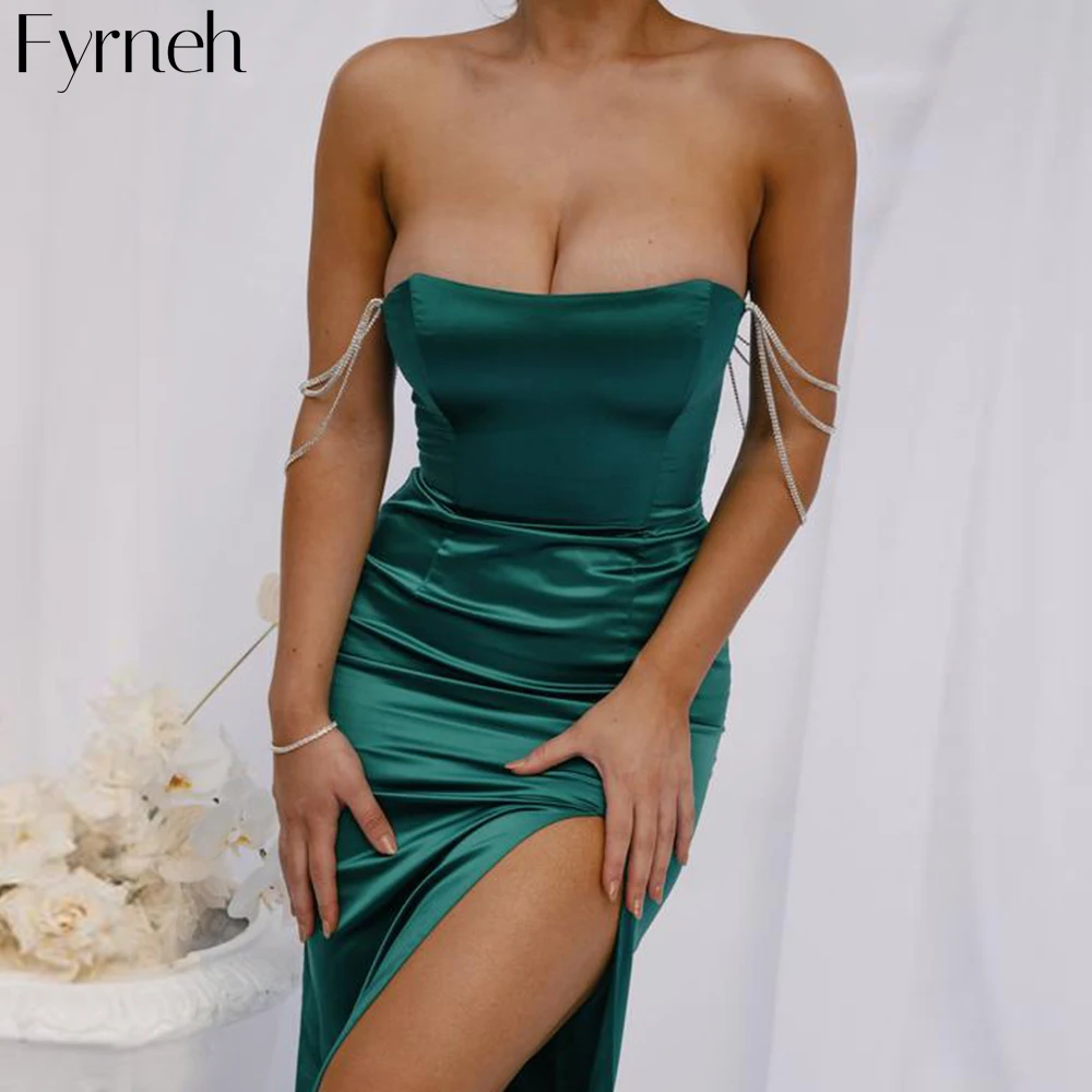 

Fyrneh Long Summer Woman Dress Maxi Long Elegant Evening Party Strapless Ladies Elegant Split Satin Dresses