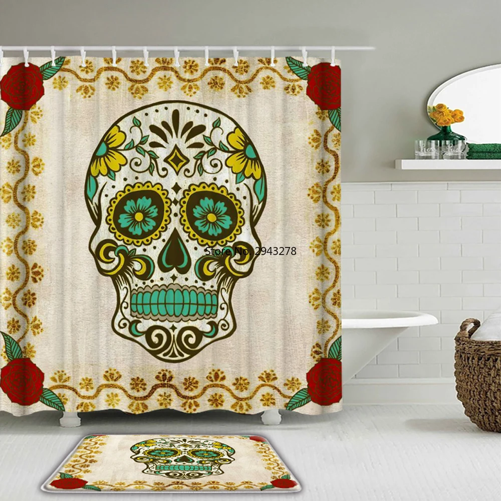 

Набор забавных штор для душа с принтом черепа и скелета, декор для Хэллоуина, нескользящий коврик для ванной, фланелевый ковер для ванной ко...