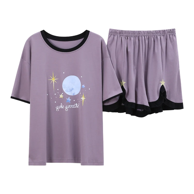 

Pajamas Set For Women Purple Cotton Soft Sleepwear Night Suit Sweet Girl Home Wear Chic Shorts With Ruffle Trim Summer Nightwear