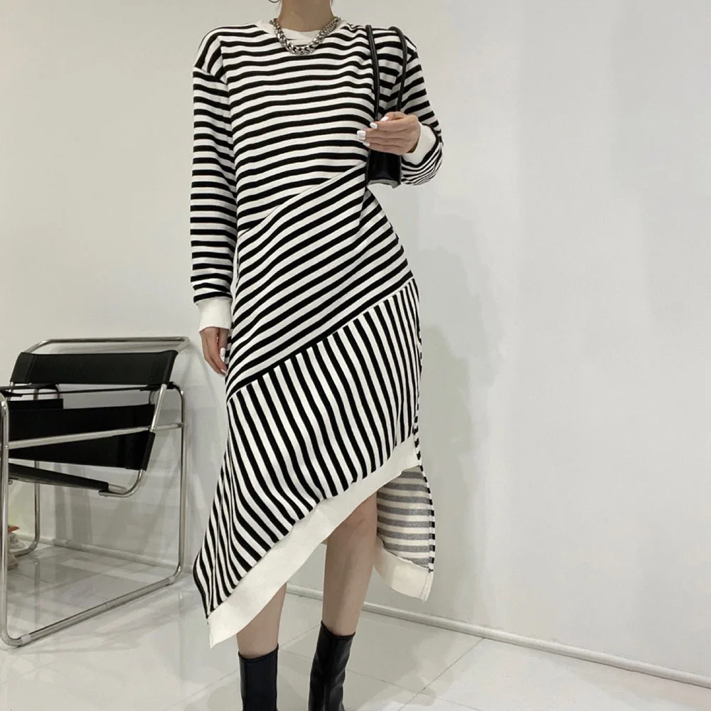 

2021 Autumn Winter Casual Womens Dress Fashion Stripe Thicken Irregular Round Neck Long Sleeve Simplicity Mid-length Knit Dress