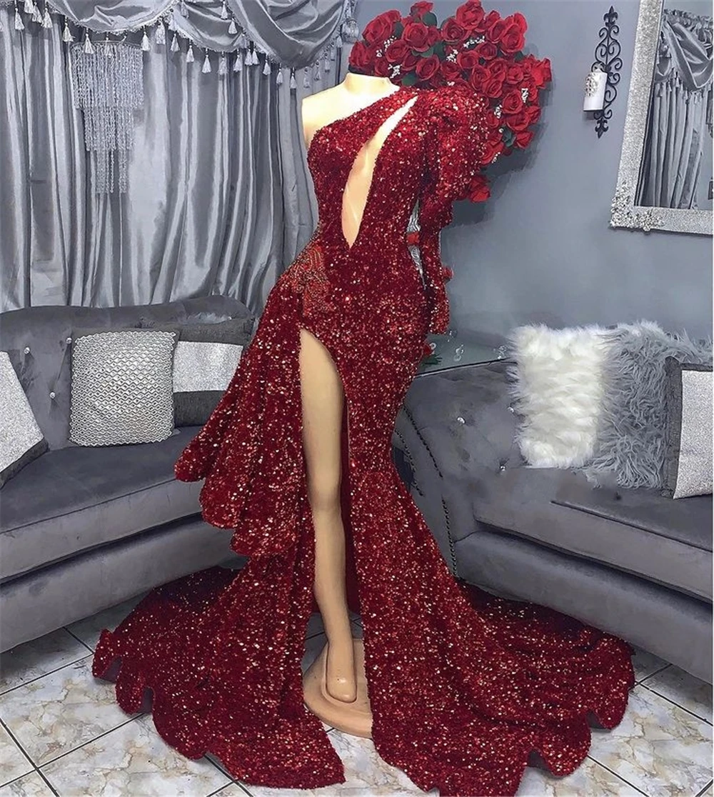 

Burgendy Sequined Prom Dresses 2021 High Split Zipper Birthday Party Gowns Custom Made Plus Size
