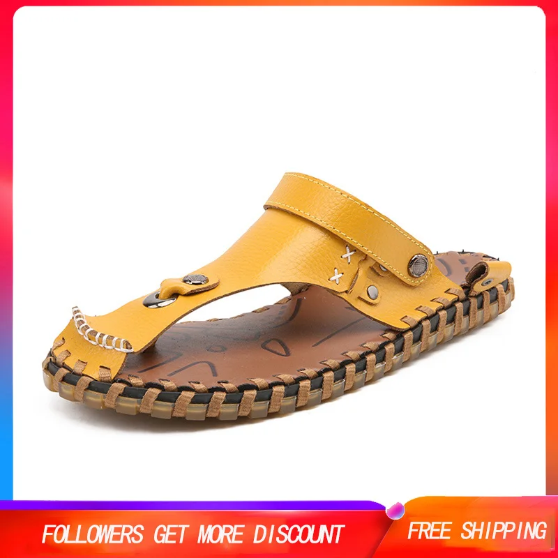 

Men Sandals Fashion Soft Leather Fretwork Rubber Sole Slip On Flat Casual Sandals Handmade Beach Sandals Footwear Zapatos Hombre