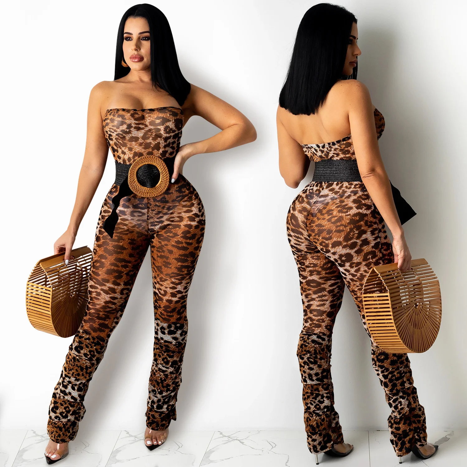SUJYing Ashionable Summer Women's Sexy Tight Perspective Screen Print One Neck Bra Jumpsuit